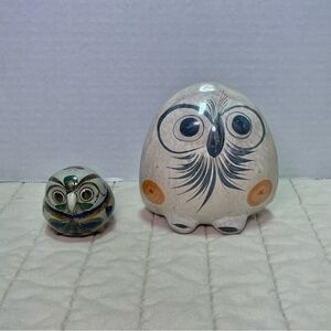 Vintage  Pair Tonala Owl Figurines Mexican Pottery Hand Painted Mexico